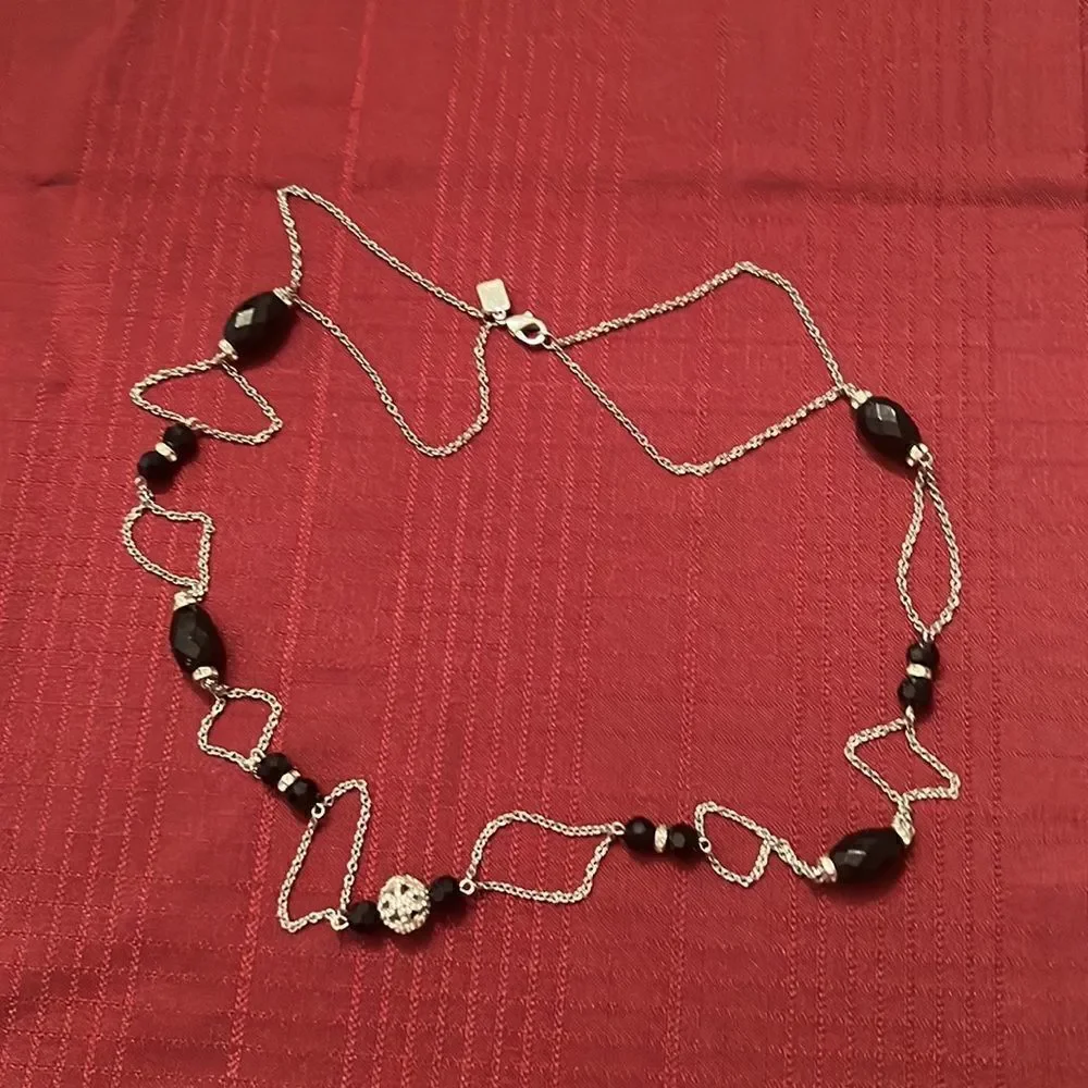 Chaps Double chain silver & black beaded necklace EUC